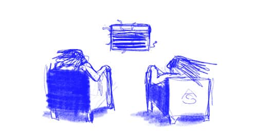 Illustration of two men sitting in Eames chairs